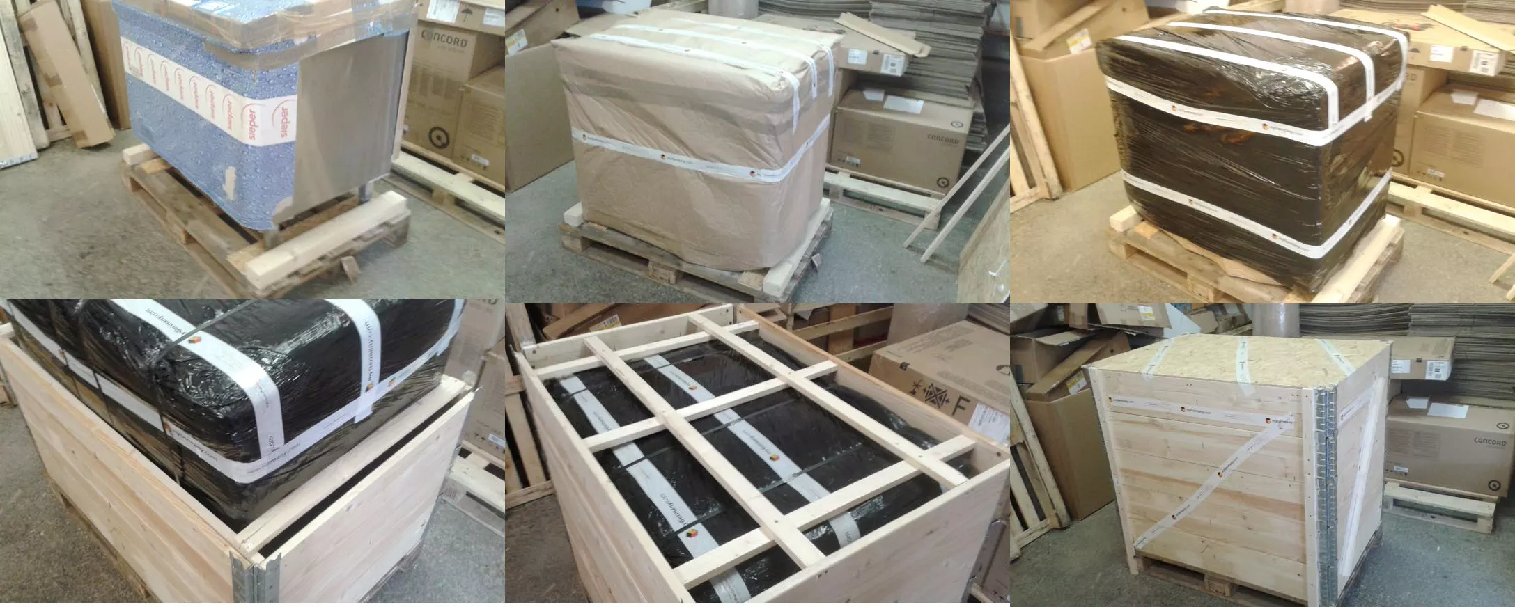 various items securely wrapped and crated on wooden pallets for shipping
